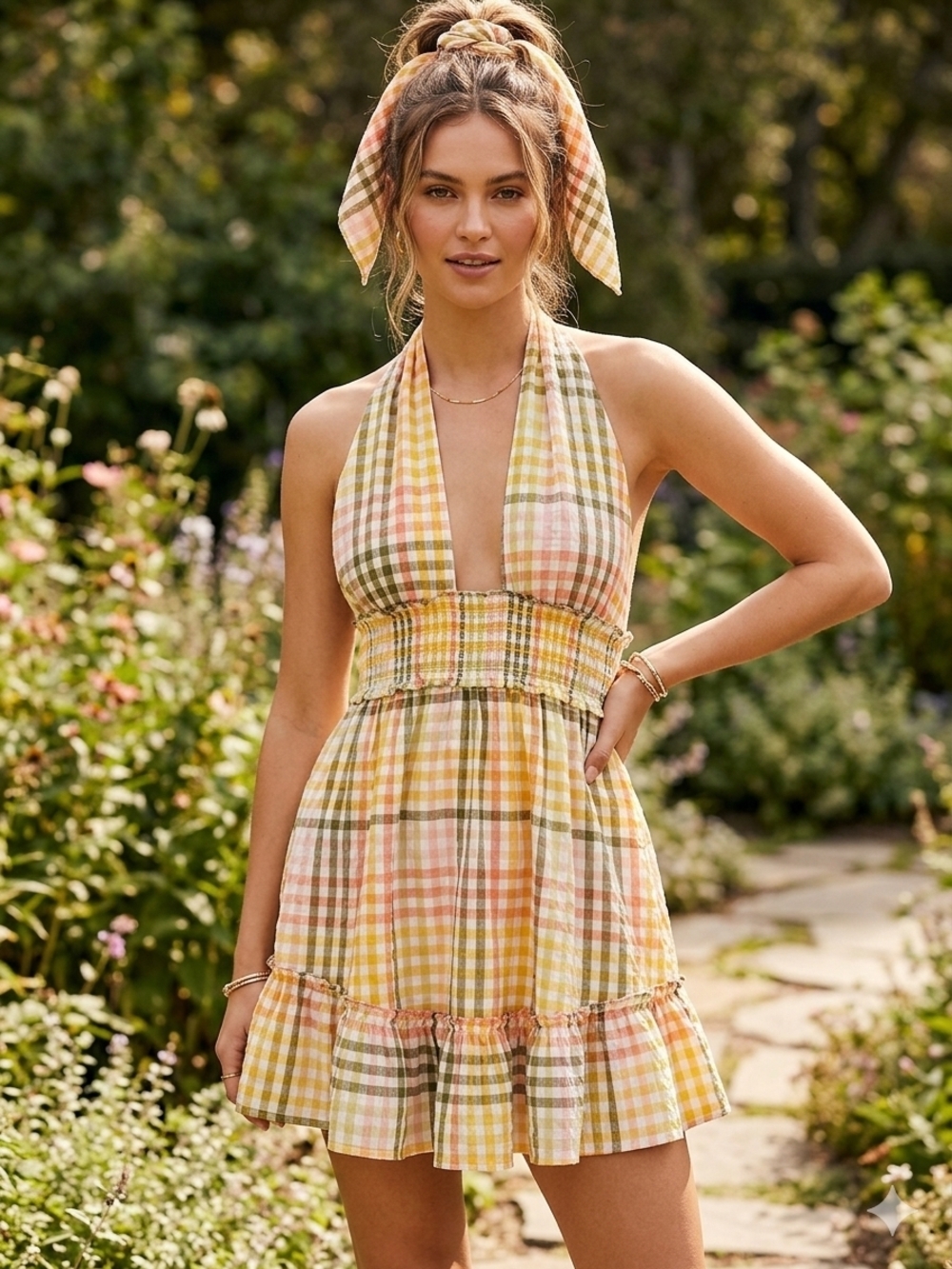 Aerie Plaid Halter Mini Dress Size M – Yellow Pink Green Checkered Ruffle Hem